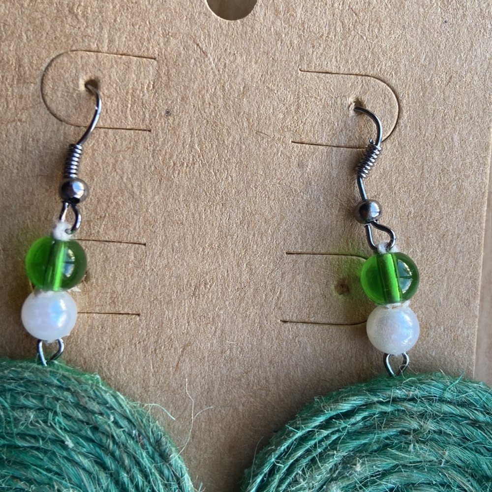 Handmade Jute, Beads And Fringed Tassel Earrings Green Color - Picture 2 of 5